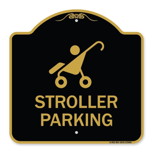 Reserved Stroller Parking W/ Graphic, Black & Gold Aluminum Sign, 18" x 18", BG-1818-22985